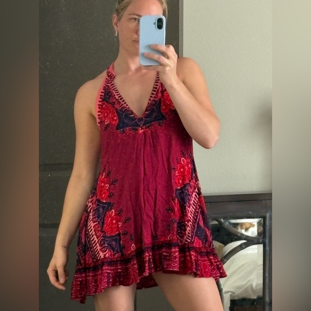 Free People Pink and Navy Floral V-Neck Dress - Picture 4 of 4